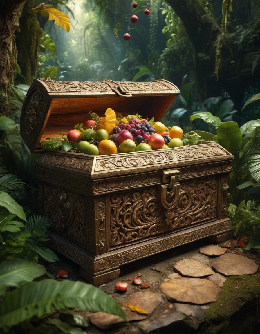 A mysterious treasure chest overflowing with vibrant tropical fruits and rare herbs, set against an ancient jungle backdrop. Enigmatic symbols and intricate maps scatter the ground, hinting at hidden secrets. A golden key lies on the chest, glowing softly, inviting exploration. The scene is bathed in warm, enchanting light to evoke curiosity and adventure. super-realistic. vibrant colors. mystical atmosphere.