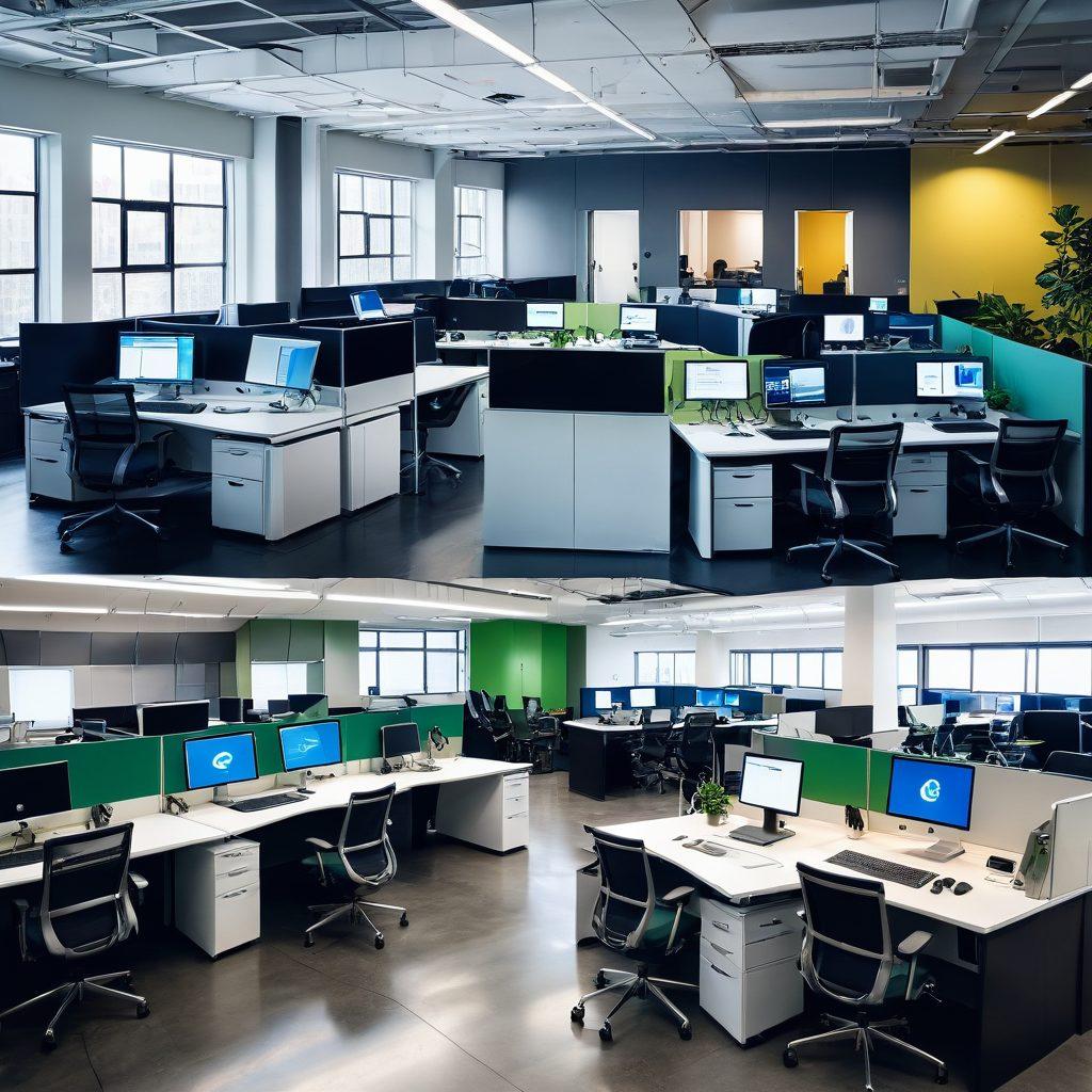 A dynamic split-image showcasing a dull, traditional workspace on one side transitioning into a vibrant, futuristic innovation hub on the other, with high-tech gadgets, creative brainstorming sessions, and collaborative teamwork highlighted. The colors should be bright and engaging, emphasizing the transformation from ordinary to extraordinary. super-realistic. vibrant colors. 3D.