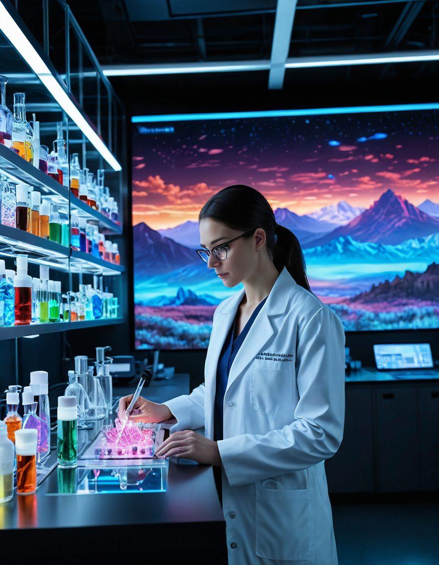 A captivating scene showcasing a high-tech laboratory with advanced extraction equipment, surrounded by glowing vials and colorful liquids. In the foreground, a scientist in a futuristic lab coat is intensely studying an intricate extraction device, with holographic displays floating around. The backdrop features a window revealing a breathtaking mountainous landscape filled with vibrant flora. Emphasize adventure and innovation in the design. super-realistic. vibrant colors. 3D.